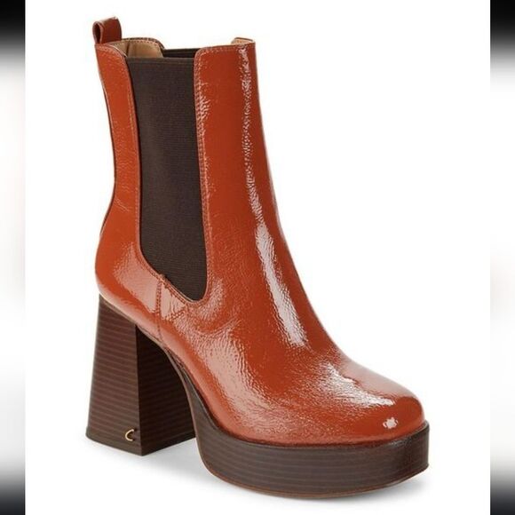 BRAND NEW CIRCUS BY SAM EDELMAN WOMEN'S BROWN  PATENT BLOCK HEEL ANKLE BOOTS G1 - Picture 4 of 15